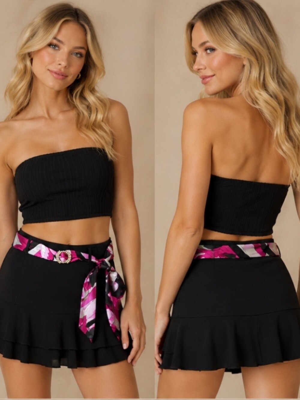 XOXO Black Ruffled Mini Skirt with Pink Patterned Sash 9/10